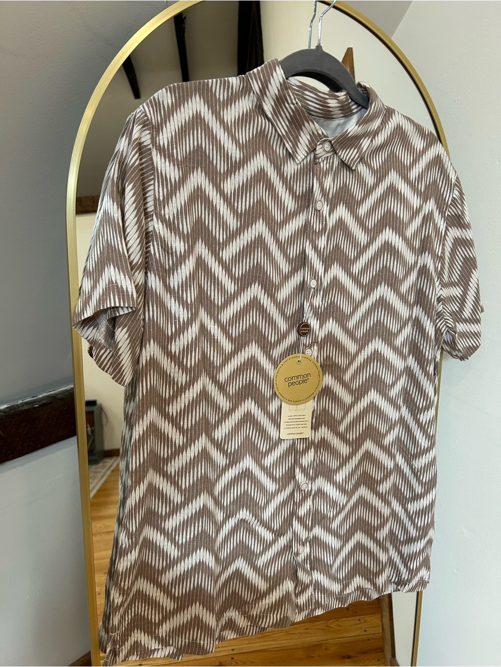 Common People Men's Linen Blend Button-Up Short Sleeve Brown/White M